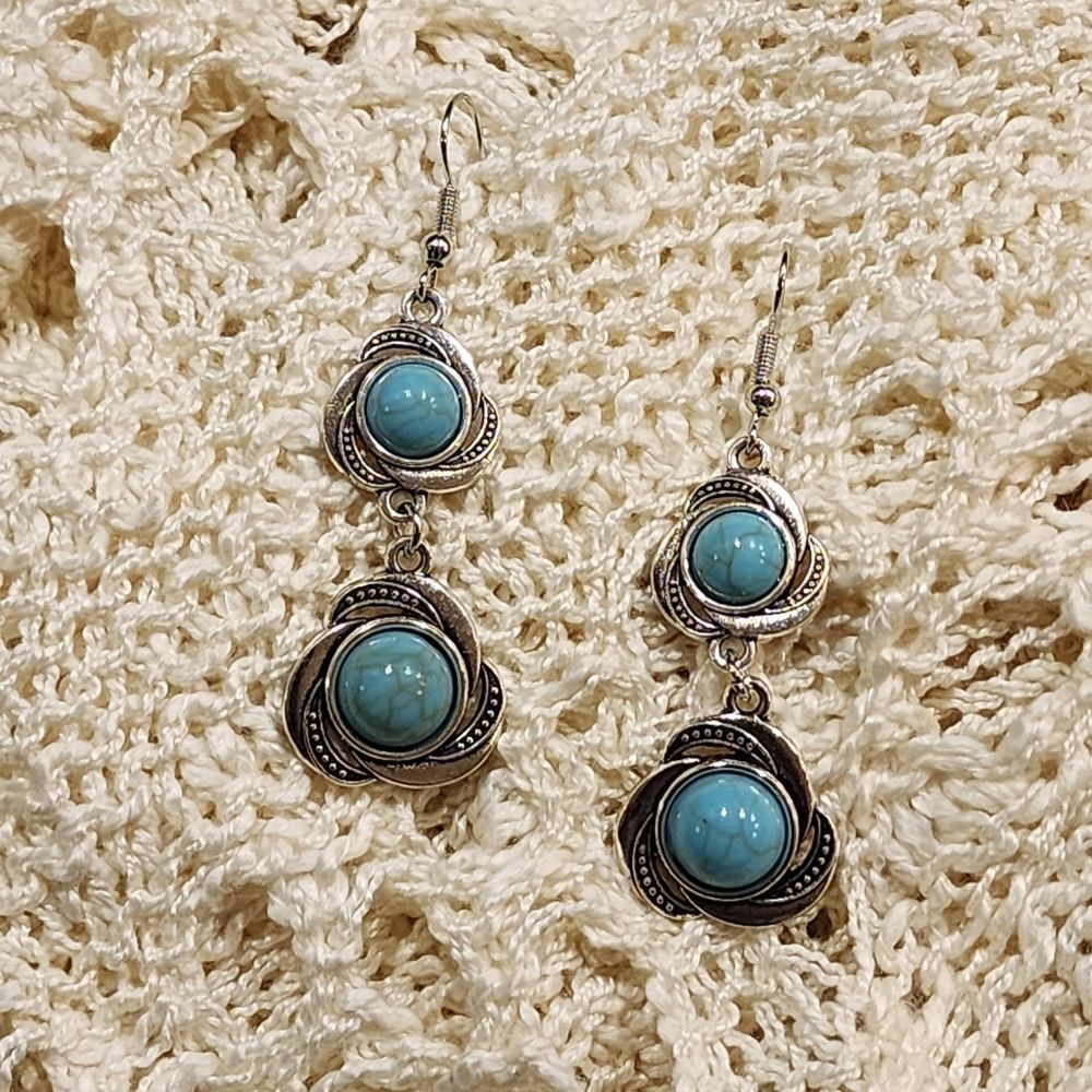 NEW Silver Toned and Faux Turquoise Double Drop Earrings
